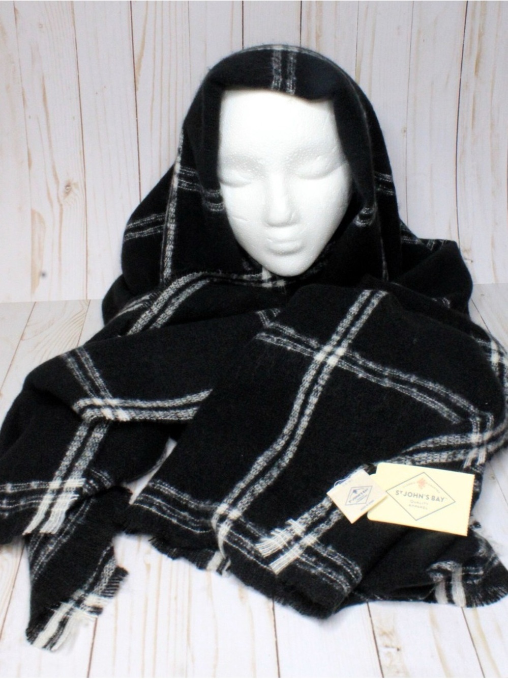 St. John's Bay Black and White Plaid Wool Blend Scarf